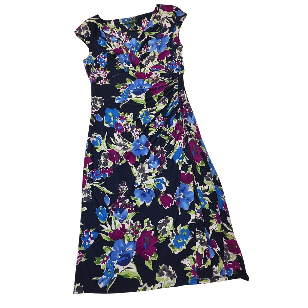 Lauren Ralph Lauren Navy Blue Floral Ruched V-Neck Sheath Dress Womens 10 - Picture 8 of 9